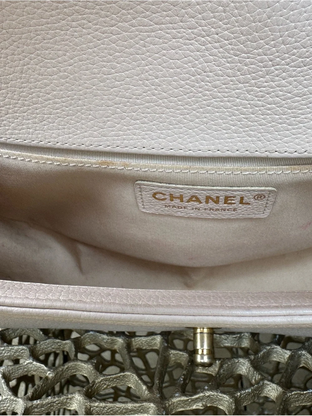 CHANEL Pink & Cream Tweed Boy Shoulder Bag with Gold Hardware